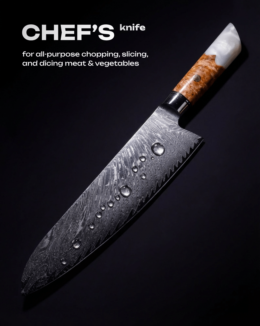 Chef's Japanese Knife, Damascus Steel, 10", Tegami