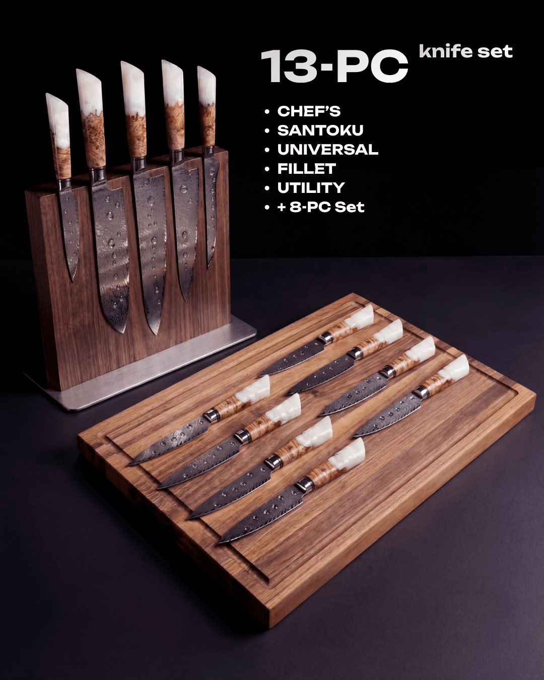 13-pc Damascus Set, 5 Knives + 8 Guest Serving Knives, Tegami