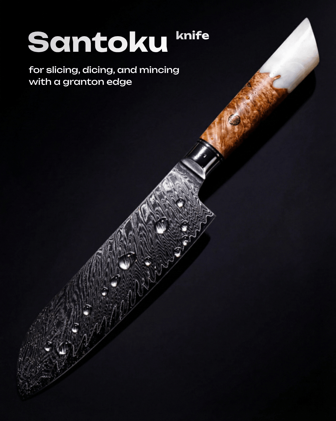 Santoku Japanese Knife, Damascus Steel, 7.5" , Tegami