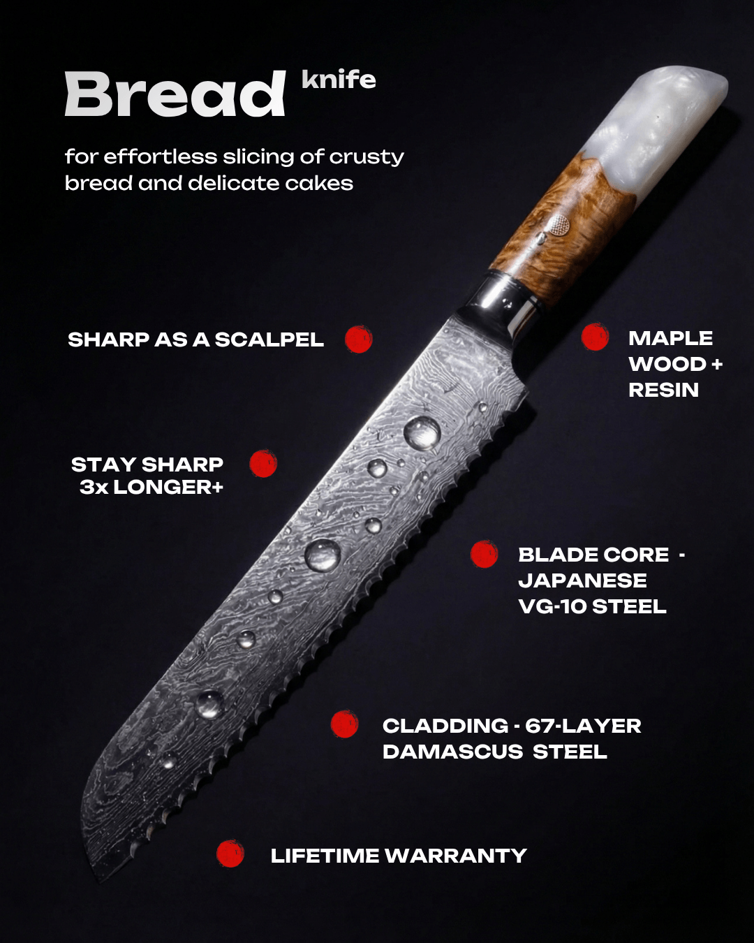 Japanese Damascus Serrated Bread Knife – 67-Layer VG-10 Steel | Tegami
