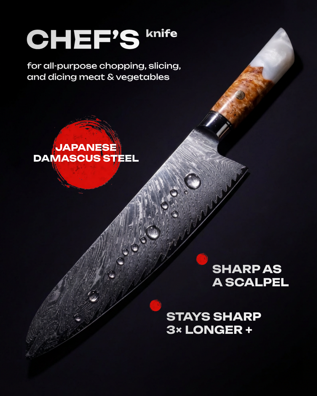 Chef's Japanese Knife, Damascus Steel, 10", Tegami - Tegami
