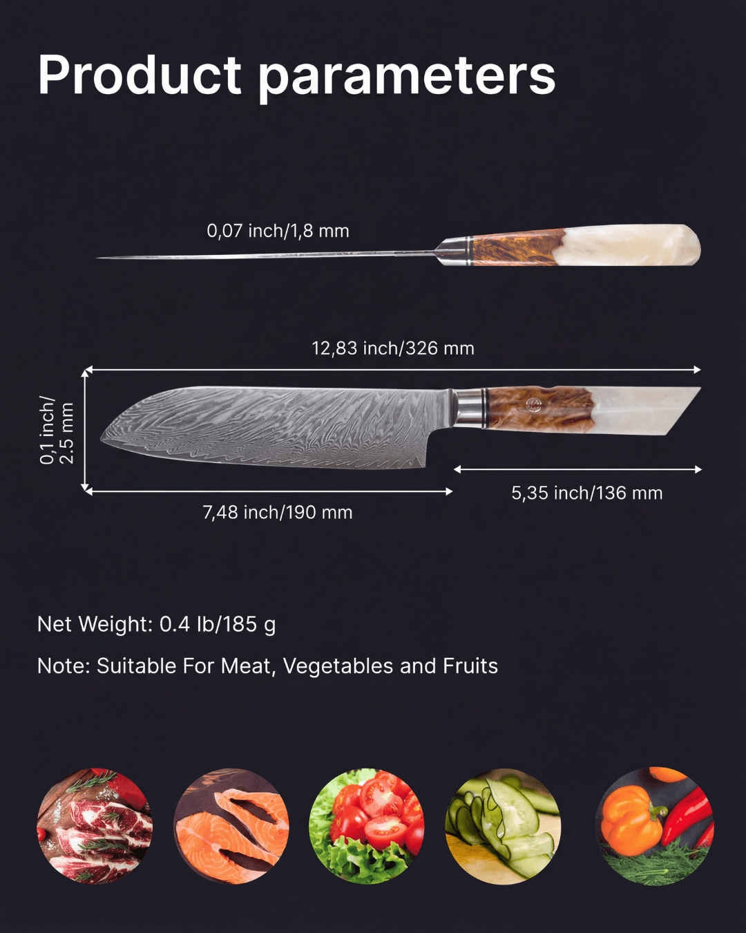 Santoku Japanese Knife, Damascus Steel, 7.5" , Tegami