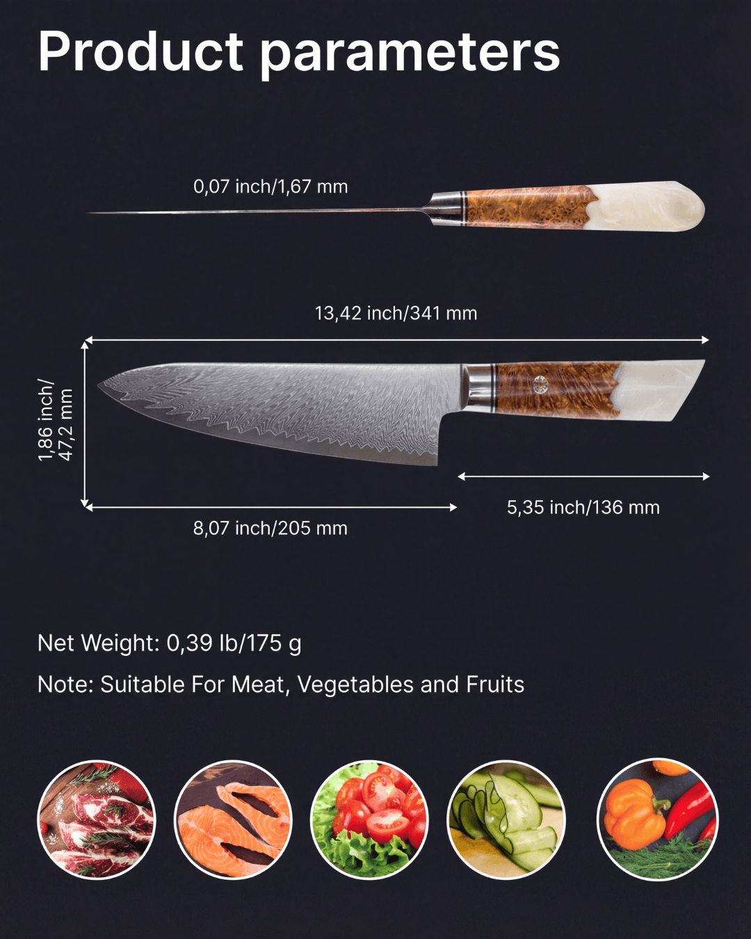 Universal Japanese Knife, Damascus Steel, 10", Tegami