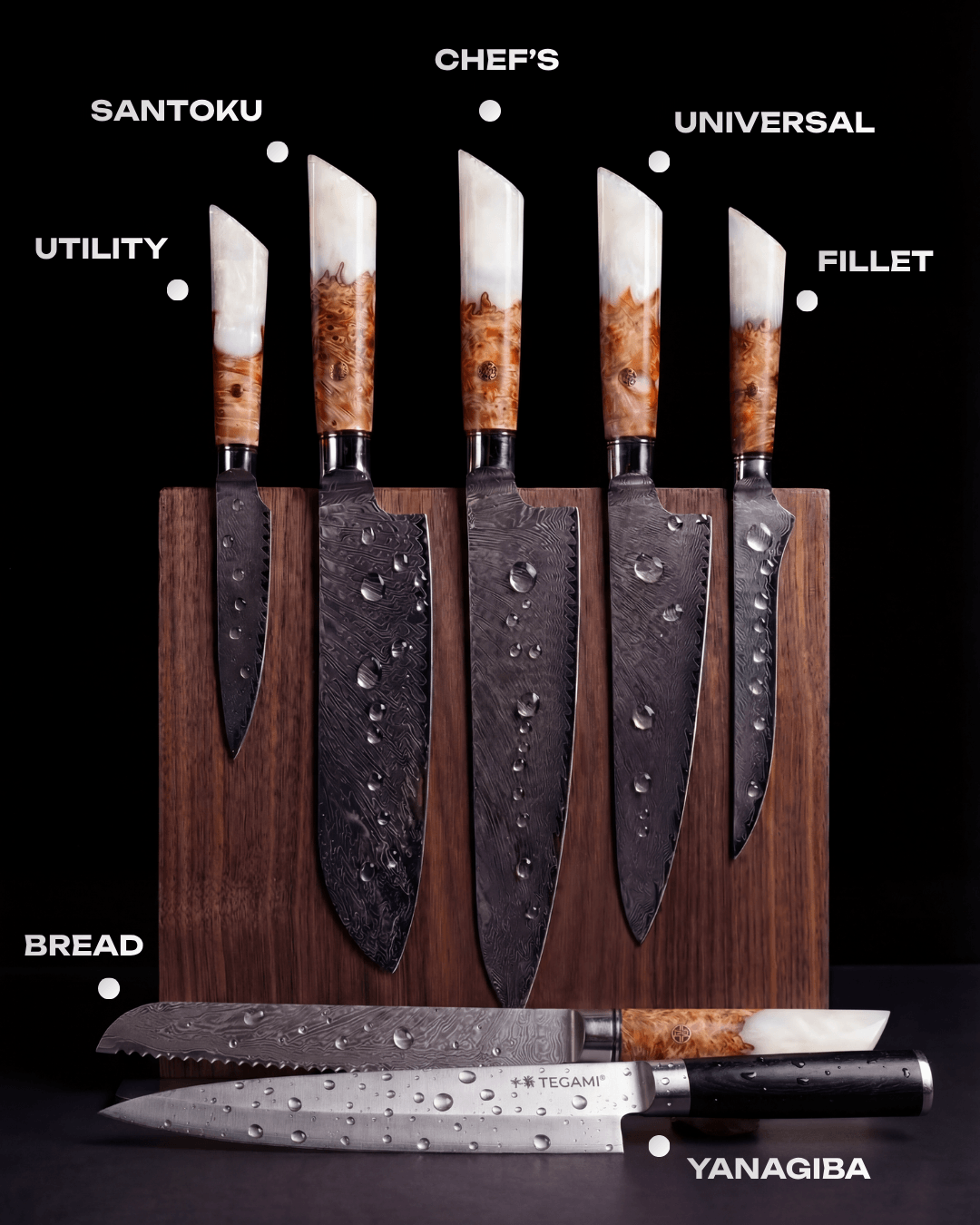 7-pc Japanese Knife Set, Damascus Steel, Tegami