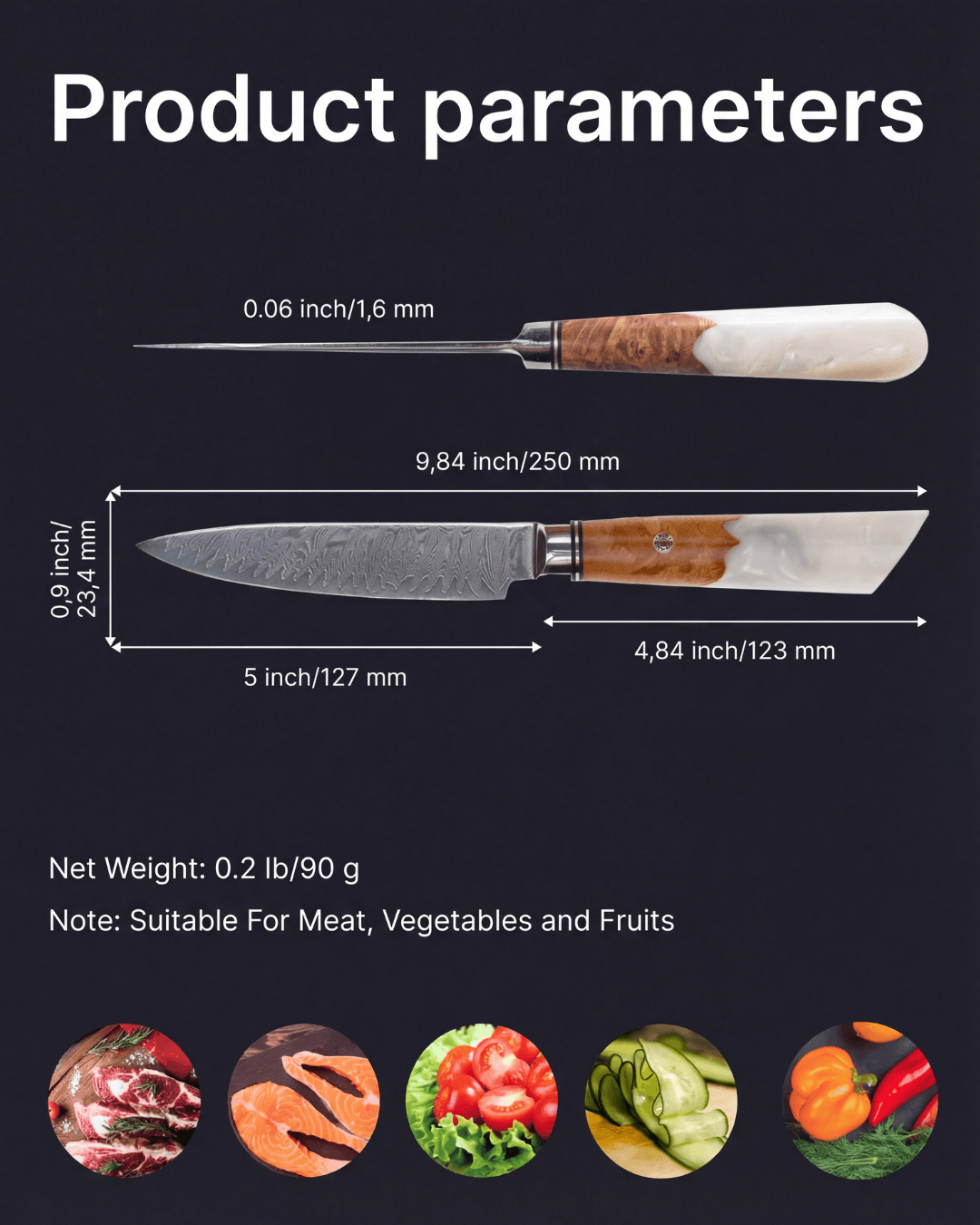 Utility Japanese Knife, Damascus Steel, 8.1", Tegami