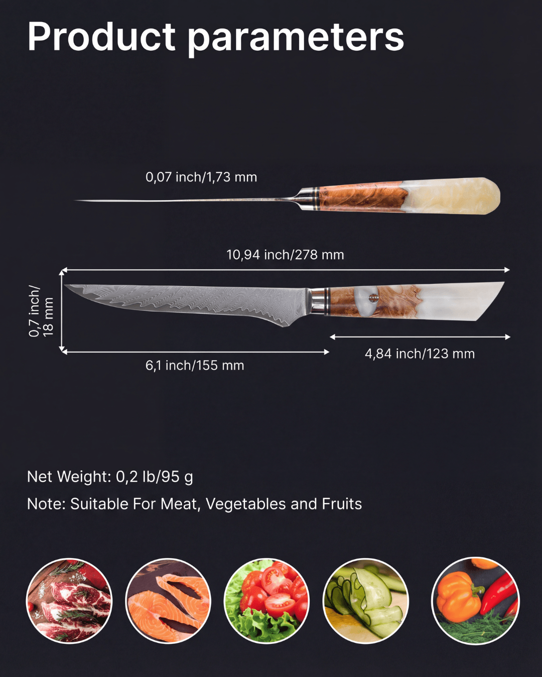 Fillet Japanese Knife, Damascus Steel, 6.1", Tegami