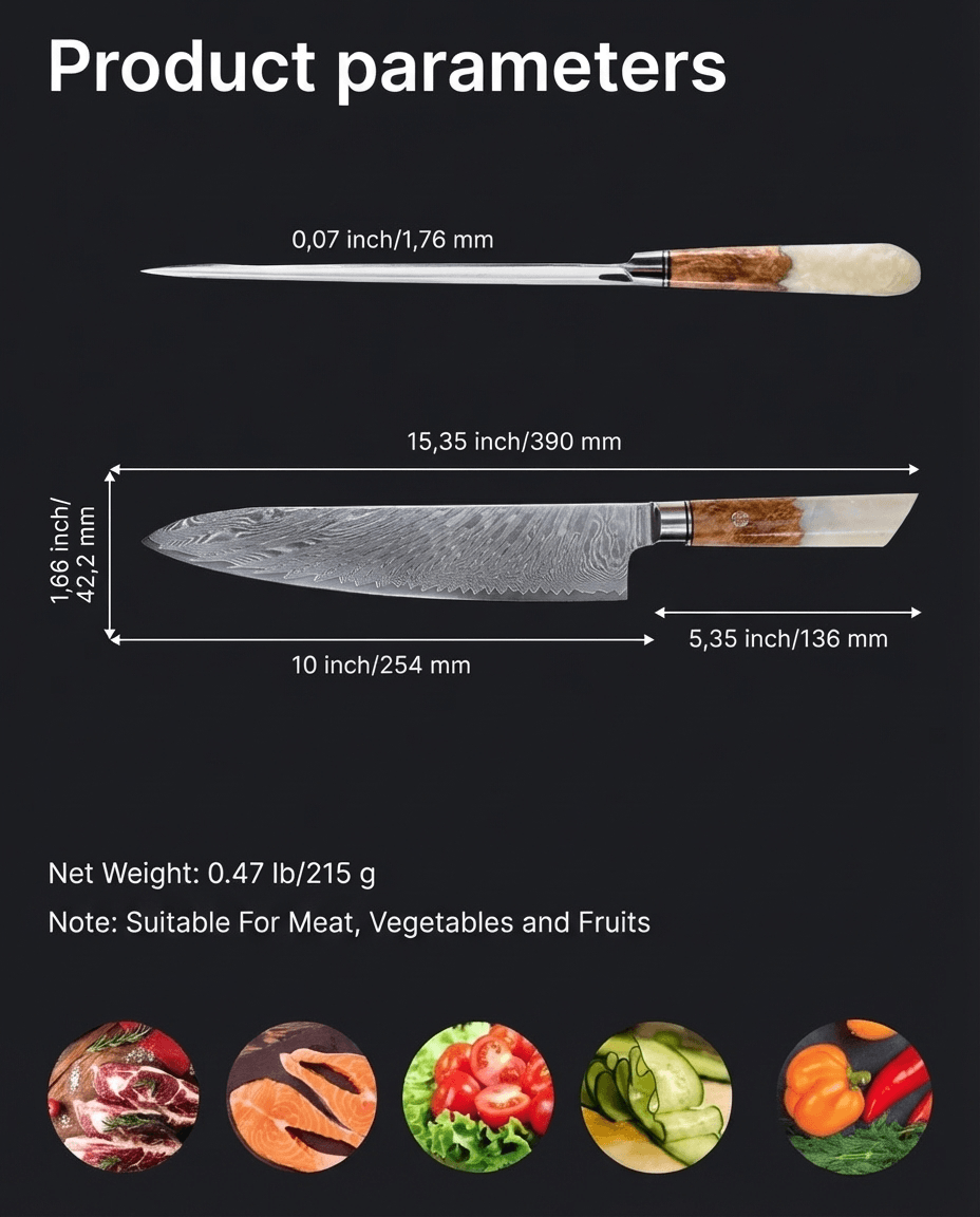 Chef's Japanese Knife, Damascus Steel, 10", Tegami - Tegami
