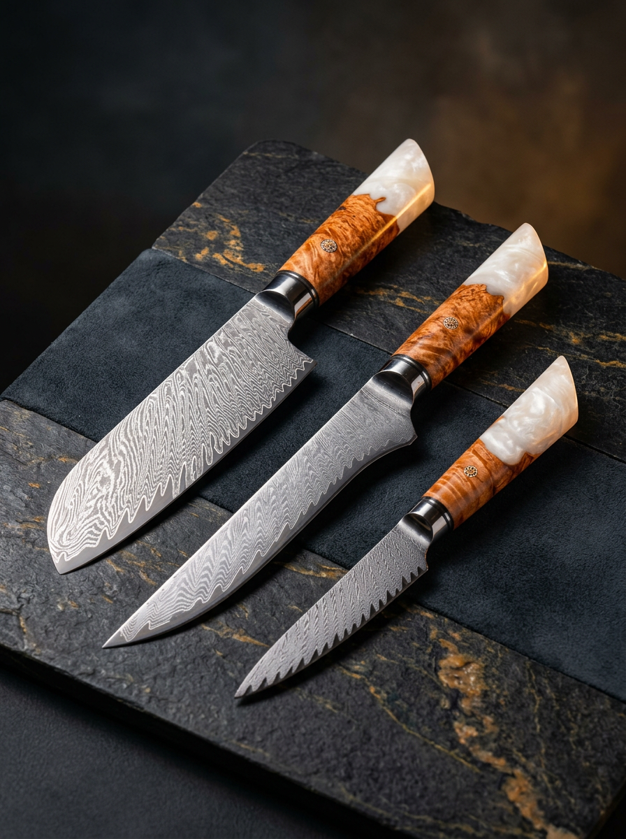3-Piece Knife Set, Japanese VG-10 Steel + 67-Layer Damascus Steel, Sharp as a Scalpel | Tegami